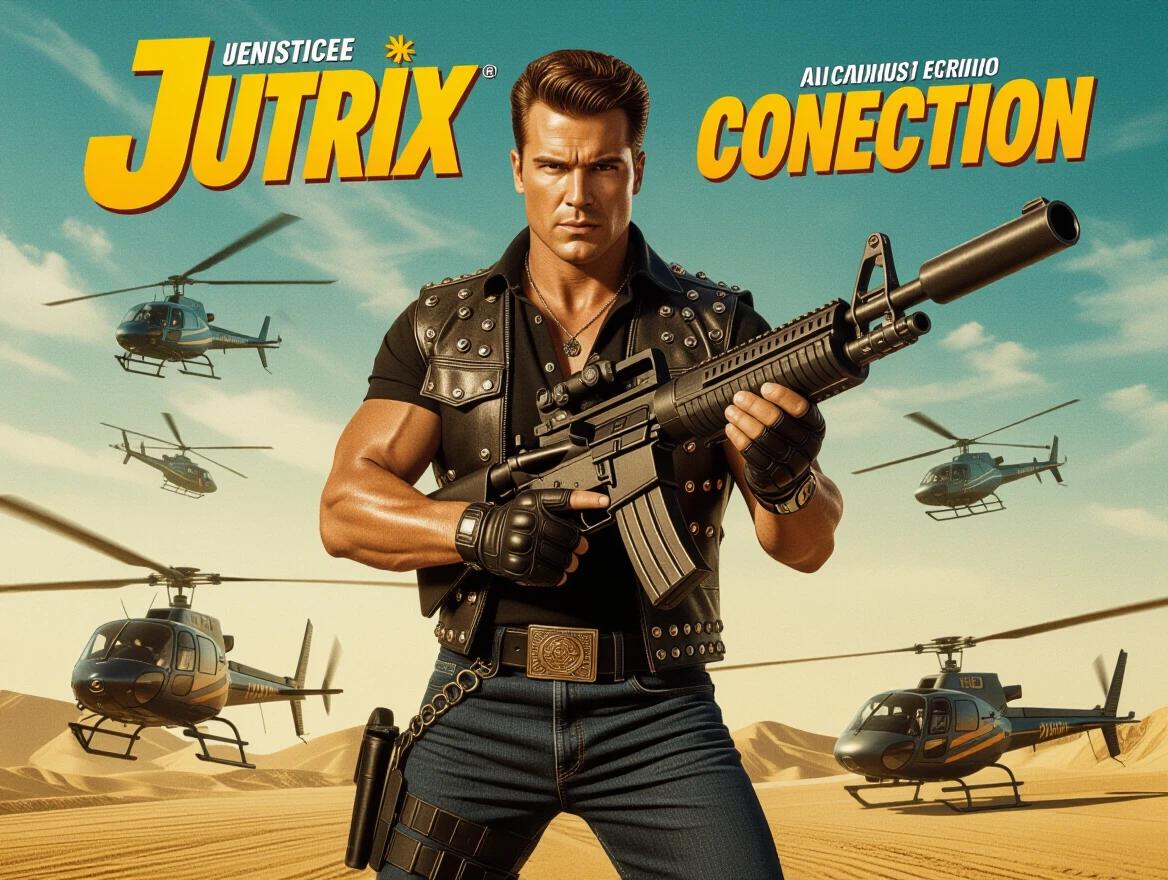An action movie poster in an 80s style featuring a muscular hero with slicked back hair wearing a black shirt and jeans with rivets. The hero is holding a massive gun posed confidently with helicopters flying in the background. The setting is a desert with vivid colors and high dynamic range effects.