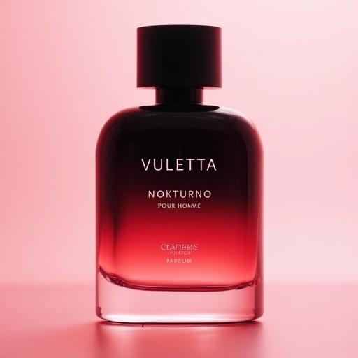 A sleek modern perfume bottle with rounded black upper half. Deep red gradient at base. Simple black cap on bottle. Set against soft pink background. Elegant design emphasized. Label features 'VULETTA' in unique font at top. 'NOKTURNO' in middle. 'POUR HOMME' below. 'PARFUM' near bottom. Low-angle shot with pastel color grading and light leaks.