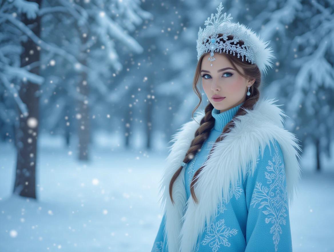 A model stands in a snowy enchanted forest. She wears a soft blue coat with silver embroidery. As snowflakes swirl around, her outfit transforms into a stunning icy-blue winter coat with fur trim and a sparkling kokoshnik. Magical lights and ice crystals float around her. The atmosphere remains serene and tranquil.