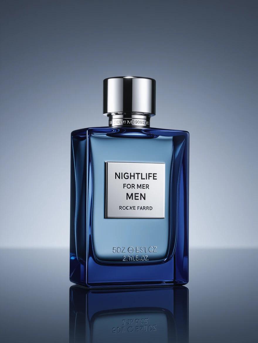Product photo of men's perfume bottle named 'Nightlife for men' in a sleek studio setup.