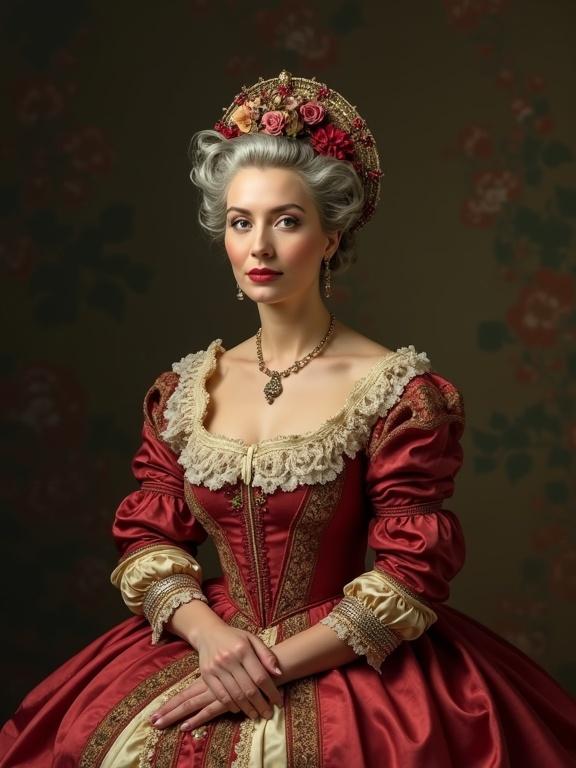 Portrait of a woman in elegant 18th-century attire with an ornate hairstyle. Bright red dress, detailed fabric work, adorned with floral accents. Soft, warm lighting on her face. Background features muted floral patterns.