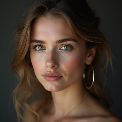 Realistic close-up portrait of a model. Model with soft features and natural makeup. Highlight on face with natural lighting. Casual yet refined look.