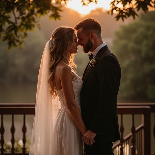 Weddings take place by a serene body of water. A couple stands close under soft sunlight. They are dressed in formal wedding attire. The scene evokes love and romance. A warm atmosphere enhances the moment.