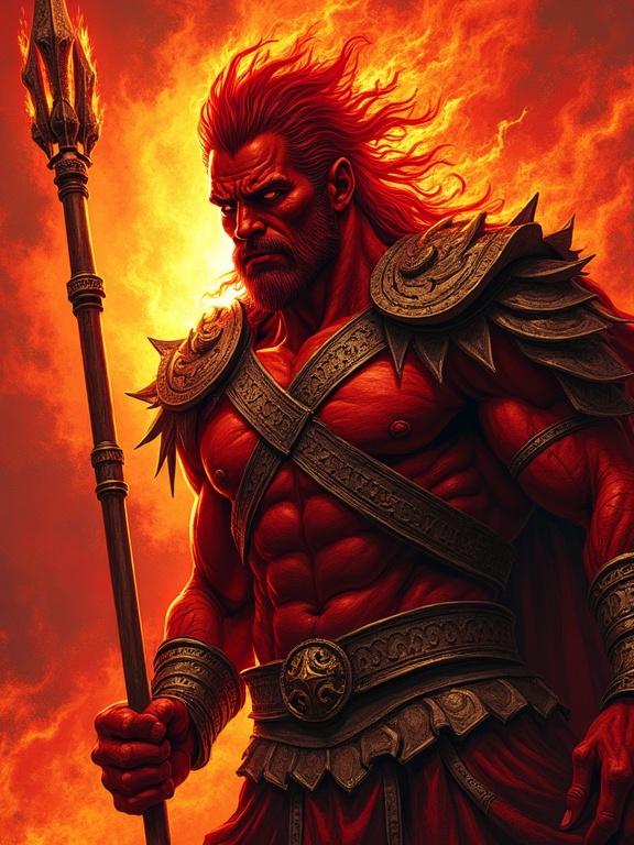 A fierce warlike god of Mars with fiery skin. He wears battle-worn armor. Intense gaze full of strength. Wielding a flaming spear. Surrounded by glowing embers. Background is a red storm. Bold stylized art with heavy lines and dramatic shading.