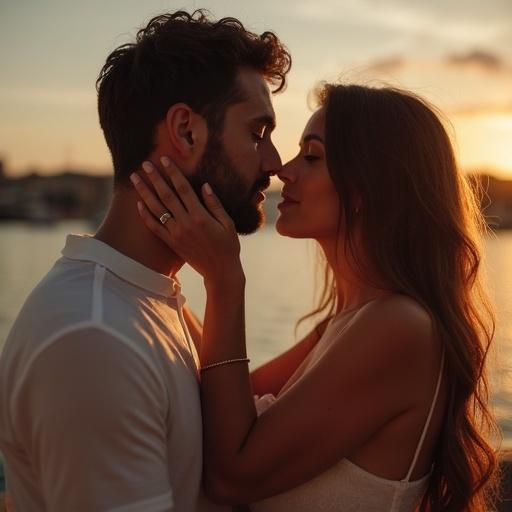 Close-up of a couple sharing an intimate moment. Woman holds man's cheek as they lean in for a kiss during sunset. Warm light bathes their faces. Emphasis on love and connection.