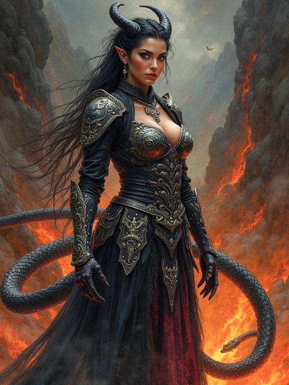 A powerful woman in ornate armor stands in a dark fiery landscape, her lower body resembles a snake. She embodies arrogance and flirtation, with expressive eyes and dramatic makeup. The painting style is watercolor, reflecting dark fantasy elements with a majestic pose and strong presence.