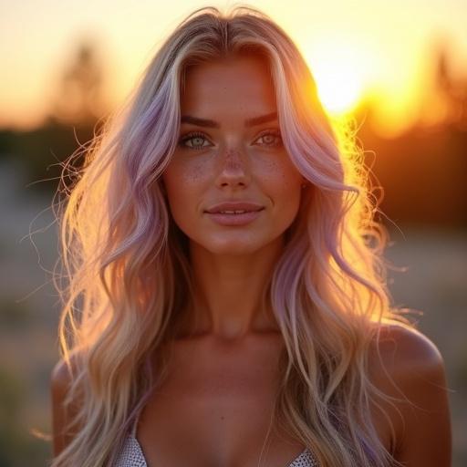 Beautiful portrait of a Nordic influencer during golden hour. Long blonde hair with purple streaks. Captivating violet eyes and light freckles. Slim nose and full lips, smiling. Athletic figure, relaxed posture. Softly blurred background with a dreamy Scandinavian landscape. Atmosphere of warmth and charm.