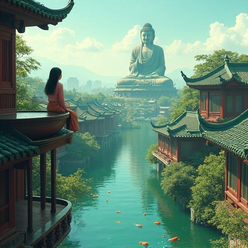 A serene utopia blends Jiangnan beauty and Japanese aesthetics. Green rooftops and red walls complement an old town's charm. A schoolgirl relaxes in a bathtub on the rooftops, gazing over the water city below. In the distance, a majestic Buddha statue watches over buildings set in harmony. She explores the steps, leaning near the water where colorful fish swim and bubbles rise. A tranquil world exists between dreams and reality.
