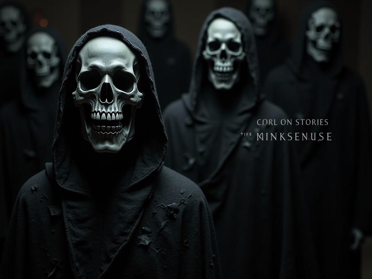 The image depicts a dark and eerie scene featuring several skeletal figures, shrouded in tattered cloaks. One prominent figure appears in the foreground, showcasing a skull face with deep-set eye sockets and a chilling grin. The background is filled with similar cloaked figures, creating an ominous atmosphere. The lighting is dim, enhancing the unsettling vibe of the setting. Text in the image suggests it is related to a topic concerning spirituality or stories, possibly aimed at an audience interested in horror or supernatural themes.