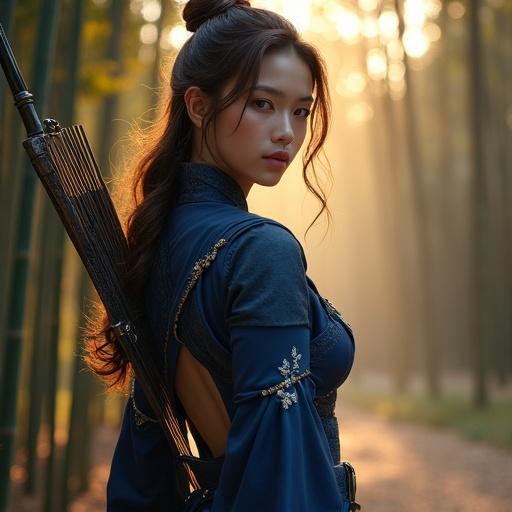 Elegant 25-year-old female scout viewed at dynamic angle in fantasy setting. Smooth porcelain skin and graceful silhouette emphasized. Armor combines nobility and stealth with ai-blue and silver embroidery. Translucent accents and refined slits reveal skin gracefully. Chestnut-brown medium-length hair styled side-swept with kanzashi. Striking eyes convey calm determination. Backpack features Japanese yumi longbow and trap pouch. Background shows bamboo forest at dusk with mist and golden light.