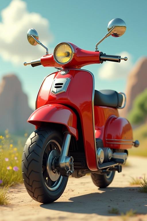 3D animation style of a motorcycle inspired by Pixar. Focus on a Honda C70. Bright colors and detailed features. Set in a lush, outdoor background.
