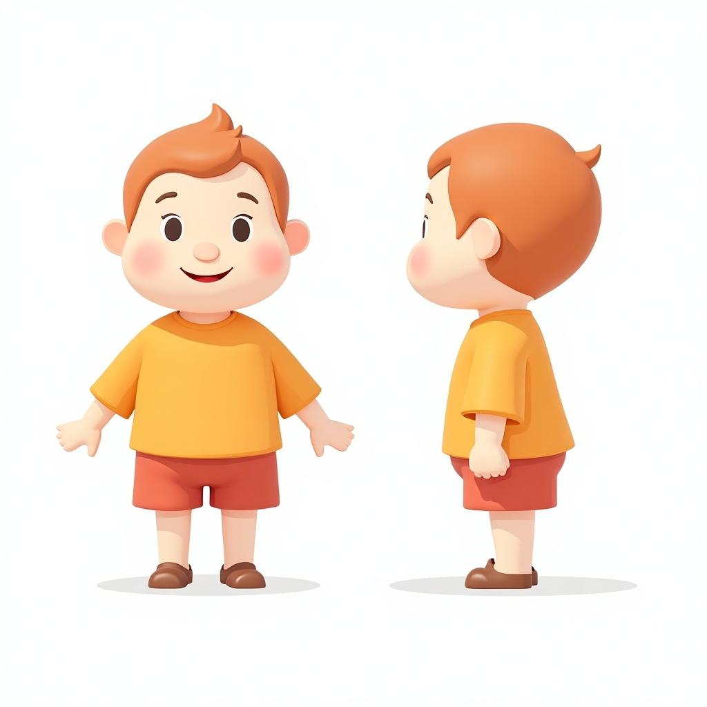 Cartoon character designed with a cheerful demeanor. Rounded face and short hair. Bright simple outfit. Displayed in multiple perspectives including front, side, back, and 3/4 view. Background is a plain white.