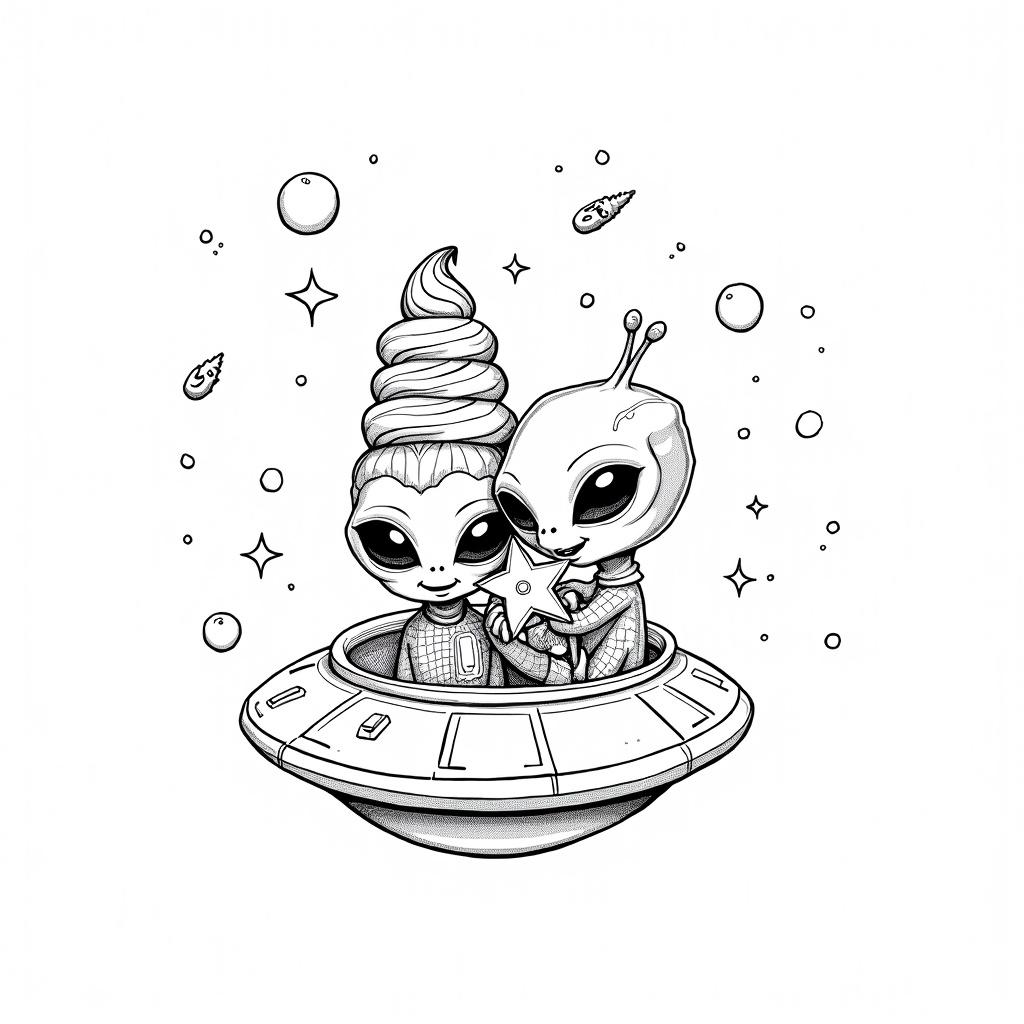 Sophisticated adult-level coloring page featuring two aliens in a flying saucer enjoying ice cream. Detailed black marker style on white background. Alien #1 has an elongated oval head and large shiny eyes. Alien #2 is rounder with smaller expressive eyes. Both have futuristic clothing and anatomical details. Ice cream includes a waffle cone and star popsicle. Flying saucer features modern design. Clean outlines with variable thickness. Cosmic background with stars and planets. High complexity with intricate details.