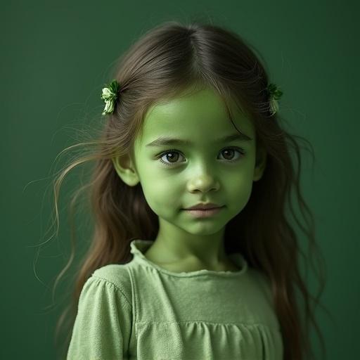 Girl with green skin displays a cute expression. Soft lighting and vibrant green background enhance the charm. Her hair is styled with small flowers. The focus is on her engaging gaze.