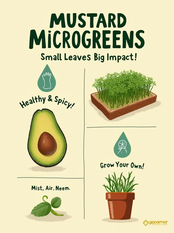 Design bold vertical poster about mustard microgreens. Include catchy title with earthy tones. Show avocado toast and icons for growing tips. Keep text minimal with focus on healthy and spicy message. Highlight growing methods like misting and air circulation.