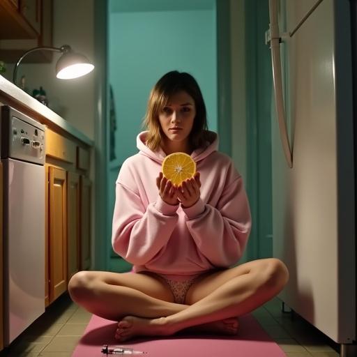 Individual sits on yoga mat in kitchen. Dim lighting from overhead lamp. Oversized baby-pink hoodie worn. Holding half-peeled tangerine. Syringe and vial on counter. Expression soft and distant. Cold tile floor under thighs. Sacred moment of stillness before action.