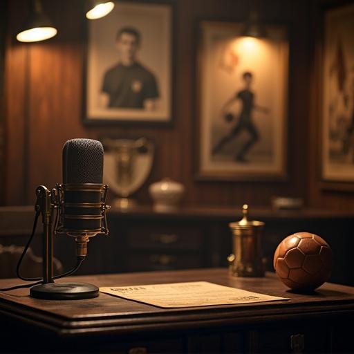 Introductory scene for a podcast. Features a professional microphone on a dark wooden desk. Background has vintage soccer memorabilia like an old leather ball, photographs of footballers, a trophy, and flags. Soft warm lighting creates a nostalgic atmosphere. Ultra-realistic image.