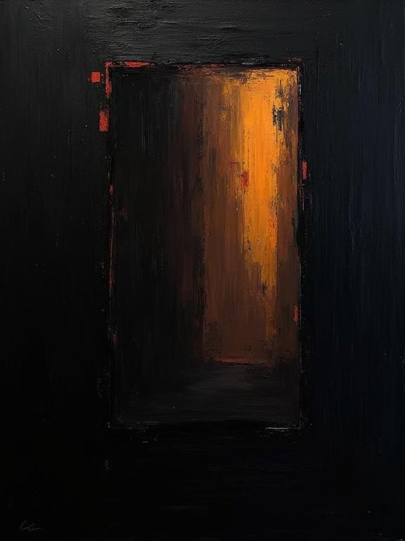 Digital oil painting features a black background. Harsh paint strokes create a texture. Incorporates cubist and unfinished elements. Flat colors show dynamic silhouette design. Minimalist style emphasizes voids defined by film strip-like borders. Shadows blend with cubist edges resembling film strips.
