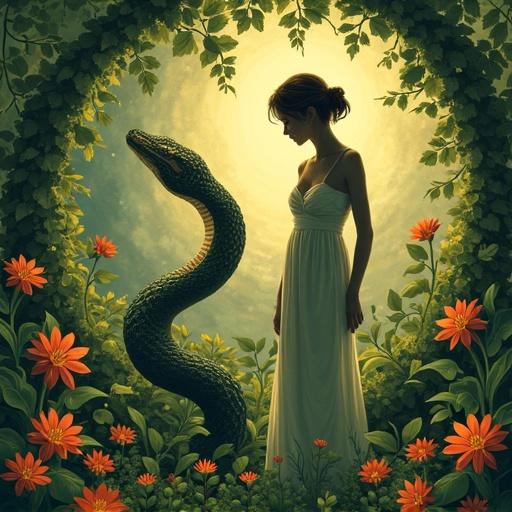 Eve dressed in white in a lush garden surrounded by flowers. A serpent coiled nearby looking at her. The scene is illuminated with a warm glow from the background.