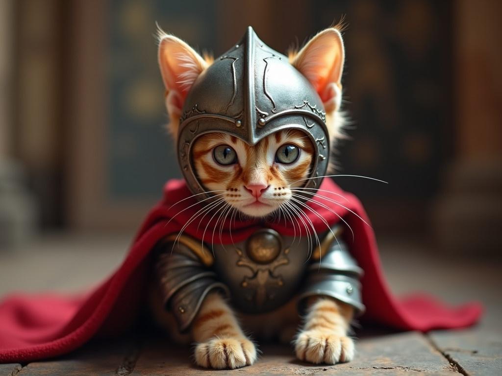 The image features a small cat dressed in a warrior's outfit. It has a shiny metal helmet on its head, giving it a fierce look. The cat wears a red cape that flows elegantly behind it. Its paws are adorned with armor that suggests strength and bravery. The background shows an ancient setting, possibly a castle or a throne room, which adds to the grand and heroic atmosphere. The cat's expression is serious yet adorable, showcasing its determination. This image captures the essence of a tiny yet mighty hero.