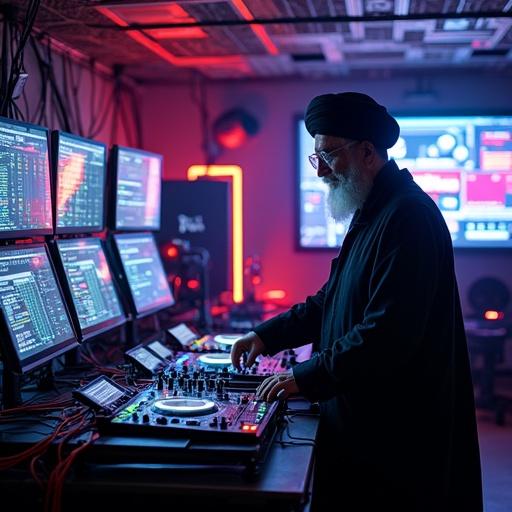 DJ operates Pioneer CDJ Nexus 3000 in a high tech military command center. Neon lights glow around screens. Sophisticated technology with chrome furniture visible. Cyberpunk style interior dominates the scene.
