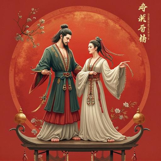 Illustration of two characters in traditional Chinese clothing. A male and female figure in elegant attire are depicted. The background is a vibrant red with a full moon. The style is detailed and culturally inspired. No additional elements or accessories are present.
