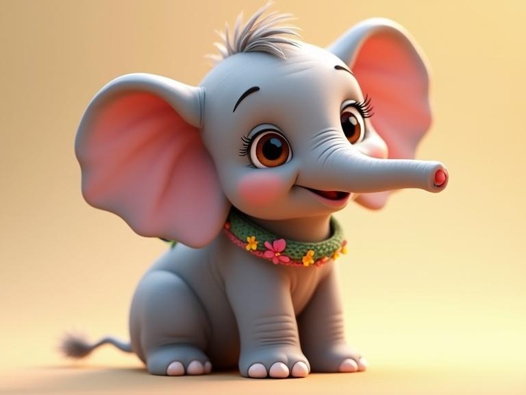 A baby Asian elephant calf with smooth gray skin and pink accents. She has large brown eyes, floppy ears, and a playful trunk. A yarn bracelet is on her trunk. Leaves or small flowers are sometimes on her back. She appears joyful and mischievous, mid-trumpet or bouncing happily. The image is in 3D animation style with bright lighting.