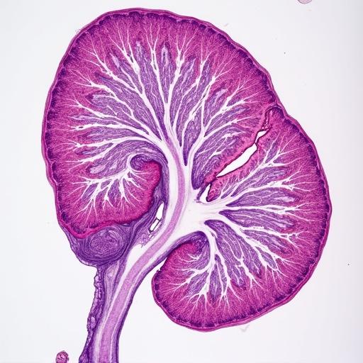 Photorealistic microscopic image of healthy human liver tissue section stained with hematoxylin and eosin at 10x magnification. Classic hepatic lobular architecture displayed with central vein and radiating plates of hepatocytes. Hepatocytes appear as pink/purple polygonal cells with distinct borders and round dark blue/purple nuclei. Visible sinusoids containing Kupffer cells. Portal triads at periphery with portal vein, hepatic artery, and bile duct. Translucent background typical of H&E-stained slide under bright light. Authentic color palette of H&E staining with purple-blue nuclei and pink-red cytoplasm. Field of view includes 1-2 complete liver lobules.