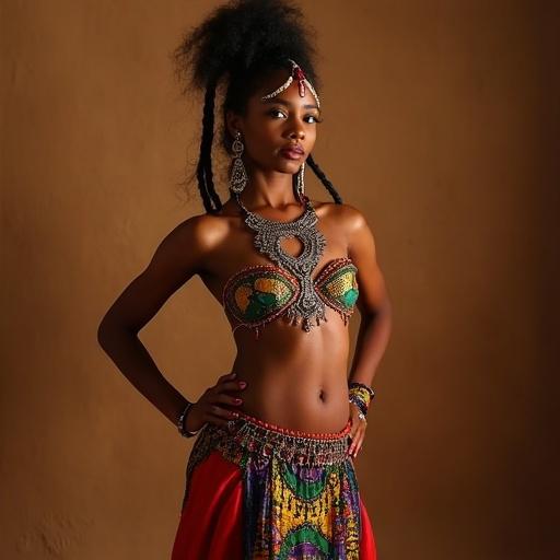 A young African dancer performs belly dancing. The dancer showcases traditional attire with colorful patterns. She exudes confidence through her pose and expression.