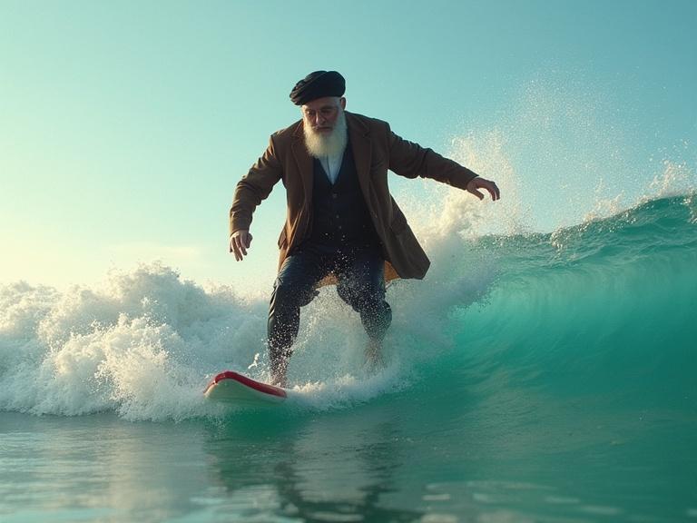 An elderly man surfing on a vibrant wave. The man wears a hat and a coat. The scene captures the energy of the ocean and the thrill of surfing. The sunlight enhances the colors of the ocean water. The image avoids any direct references to specific identities. A thrilling action moment is being portrayed.