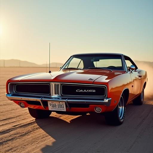 Classic muscle car parked on a sandy road. Vibrant orange color with black stripes. Bright sunlight at sunset.
