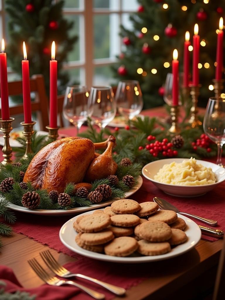 A festive dining table with red and green decor. A centerpiece of candles surrounded by pine cones. Delicious Christmas meal displayed. Roasted turkey mashed potatoes platter of Christmas cookies. The scene feels inviting celebratory elegant.