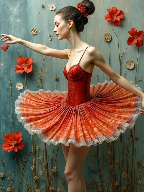 Ballet dancer posing gracefully in an elaborate tutu surrounded by large flowers. The artwork features intricate details and a soft color palette.