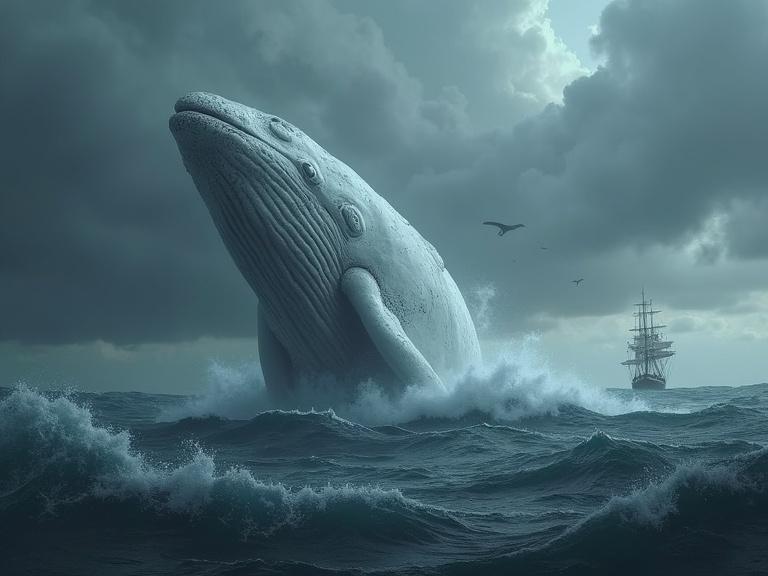 A colossal white sperm whale breaks through dark ocean swells. Stormy sky overhead. A whaling ship dwarfed in the distance. Whale has a scarred jaw like a scroll. The scene conveys power and ominence.