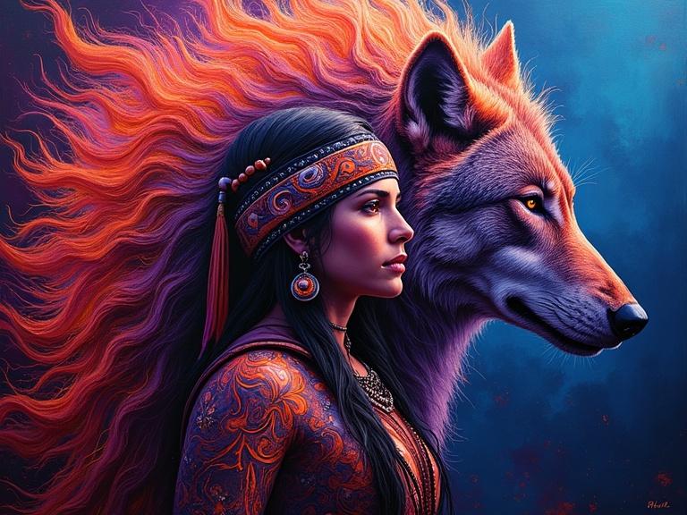 Abstract oil painting depicting an American Indian warrior Queen with a wolf. They are designed with fiery red and purple colors resembling molten glass. The queen wears traditional attire; the wolf has a detailed form. Background transitions into deep blue hues.