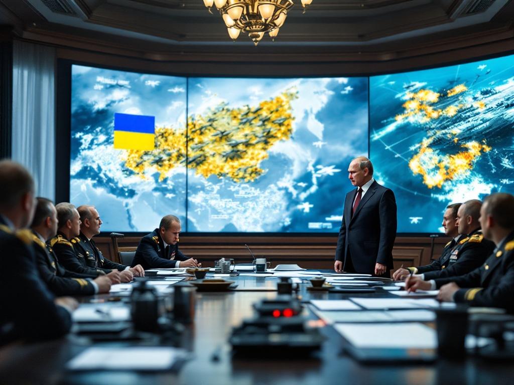 Russian President stands in Kremlin's grand strategy room. Engaged in discussion with military leaders. Analyzing Russia Navy Development Strategy for 2050. Maps and projections of attacks displayed on screens.