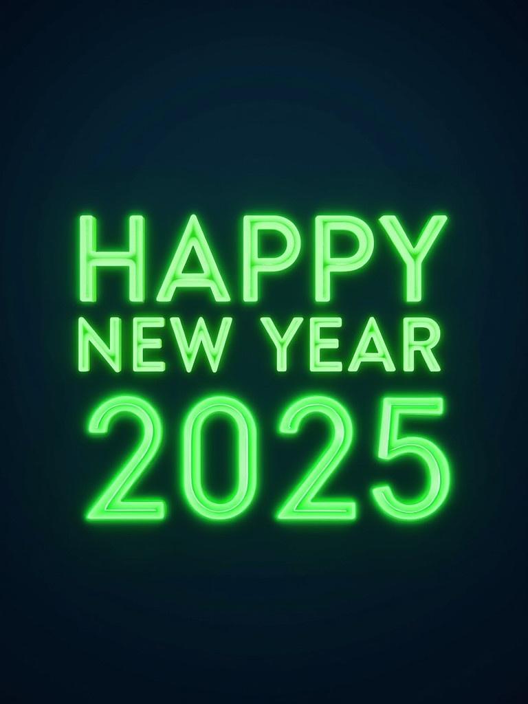 A digital artwork featuring green neon text that says 'HAPPY NEW YEAR 2025'. The text is set against a dark blue background. The neon effect adds brightness and vibrancy to the design.