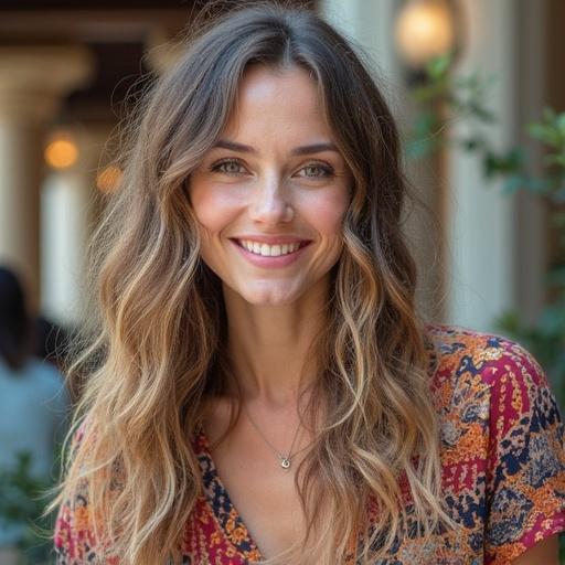 Portrait of a woman with long wavy hair smiling in a vibrant floral dress outdoors. Natural light highlights her features.