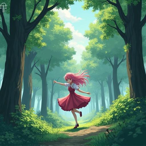 Girl with pink hair dances in a forest. Scene inspired by Japanese anime style. Lush green trees surround her. Light filters through leaves. Expresses joy and freedom.