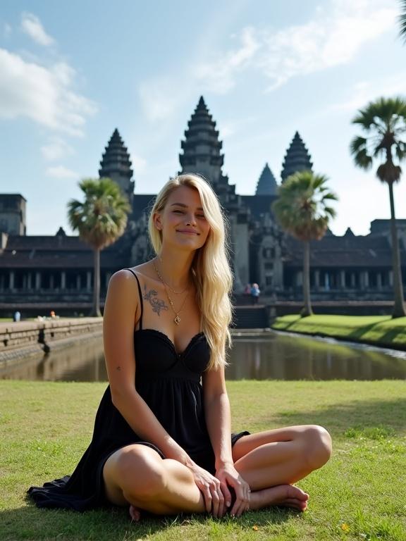Wide shot shows a woman seated on short green grass outdoors. She has long light blonde hair and a subtle smile. She wears a black sleeveless dress and a delicate necklace. The boipdy of water reflects the sky with Angkor Wat temple behind her. The temple has multiple towers and dark stone structure. Palm trees are scattered around. The sky is bright blue with white clouds.