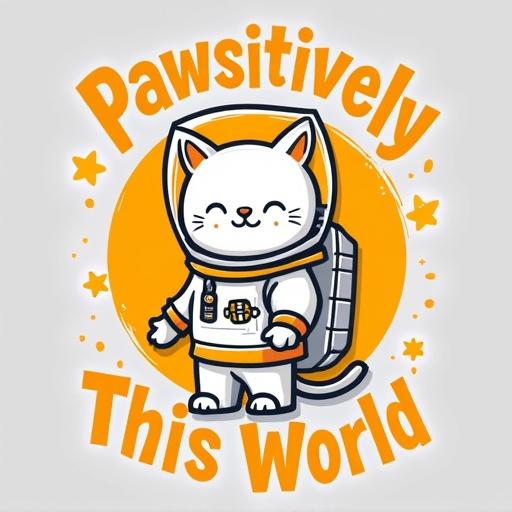A vibrant humorous pet-themed t-shirt design featuring a cartoon cat in a spacesuit. The cat is colored in white and orange with the text 'Pawsitively Out of This World' in playful yellow font. Design is centered on a transparent background with clean vector art style and subtle star accents. High-resolution, optimized for t-shirt printing.
