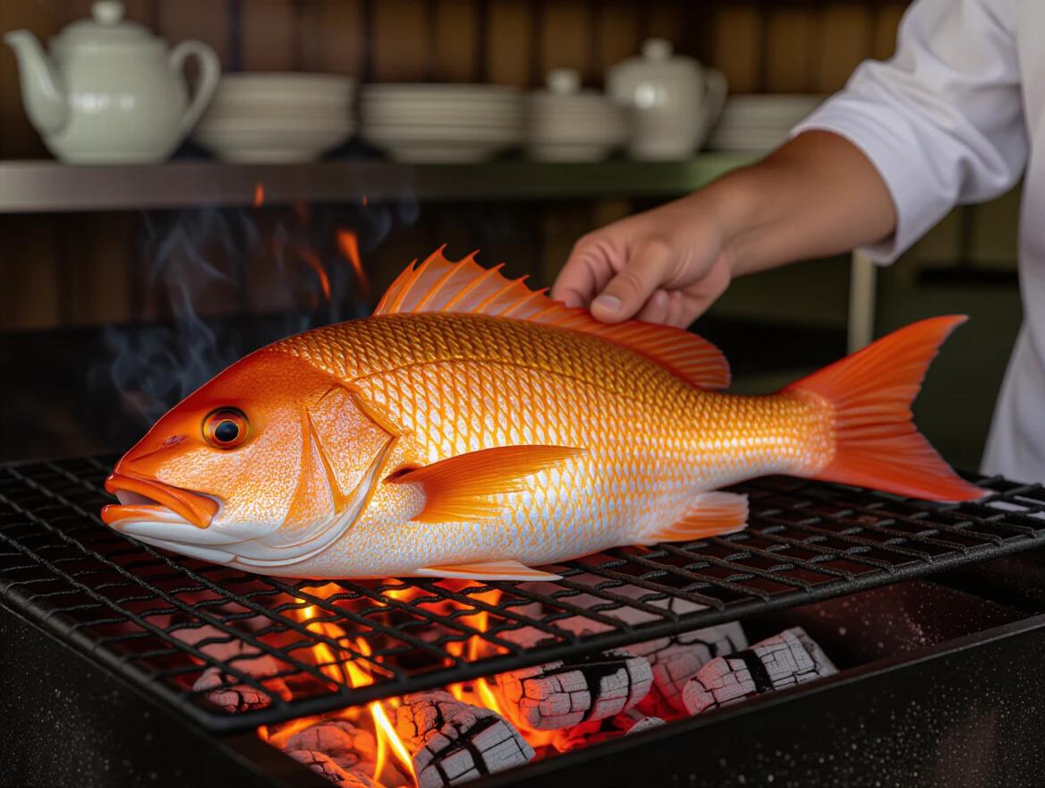 Large red snapper grilling over open fire. Vibrant orange-red scales. Prominent eye. Lying flat on black metal grill grate. Orange and yellow flames visible. Hand in white sleeve adjusting fish. Kitchen background with white ceramic dishes and containers visible.