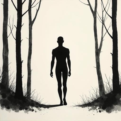 Minimalist human silhouette walking in a forest. Thin tall teen, naked, black fill color. Monochrome sketch with delicate ink lines. Inspired by traditional Asian brushwork.