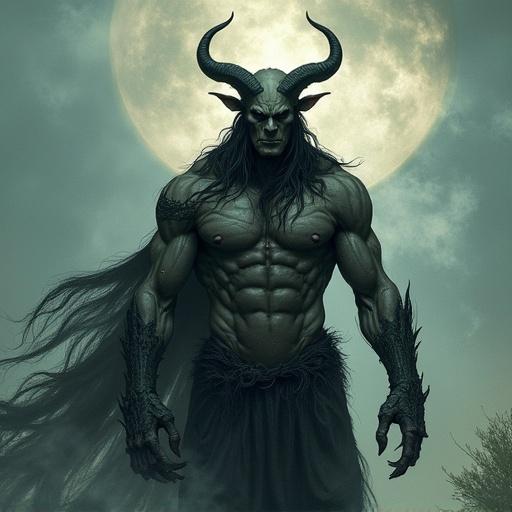 Illustration depicts a muscular humanoid figure with horns. Figure stands against a dramatic sky. Imagery evokes a fantasy world with horror elements.