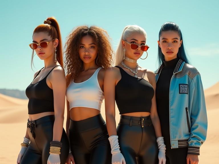A sleek, curvy fashion music group poses in the desert. Four women in stylish outfits with unique hairstyles. Bright sunlight and blue sky create a vibrant scene. Textures and details highlighted.