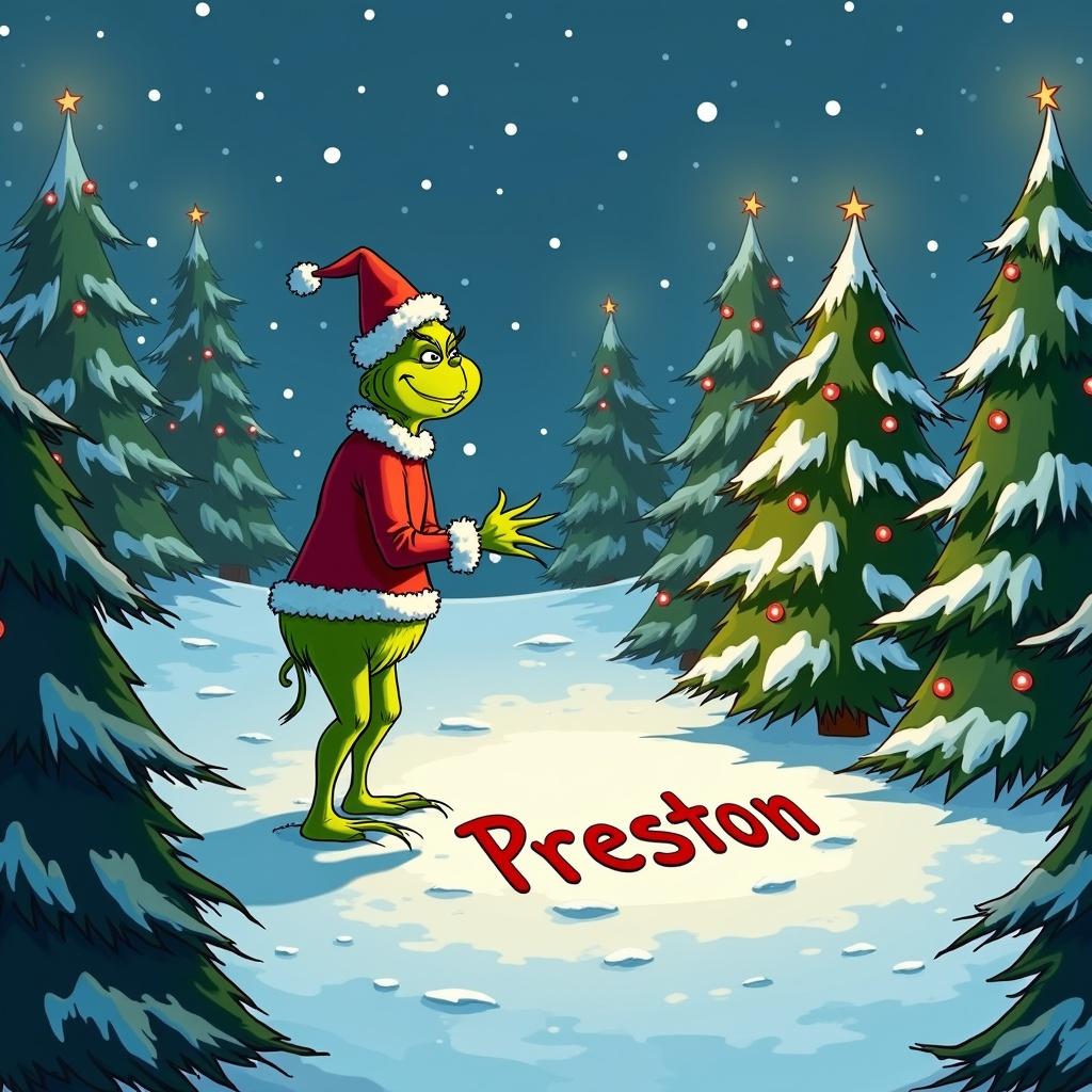 The Grinch is outside in the snow. Christmas trees decorated with lights surround him. The Grinch writes the name Preston in the snow.