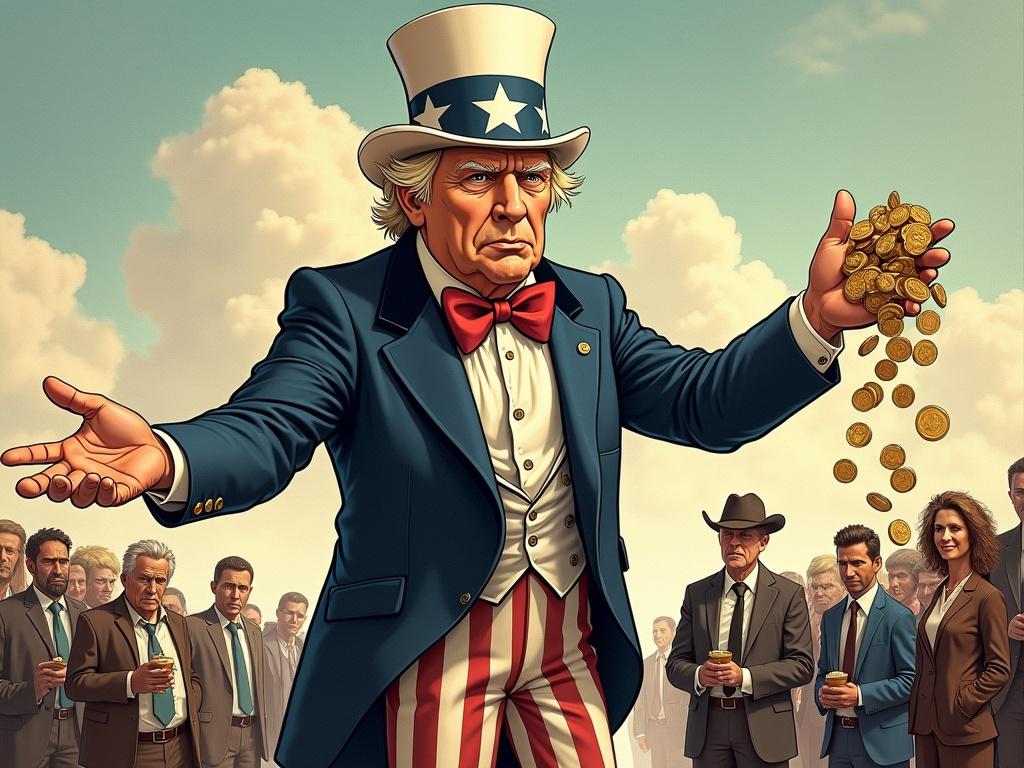 Giant Uncle Sam figure resembling Donald Trump. Uncle Sam shakes several poor people. Coins from their pockets fall into his hand. Background features people watching.