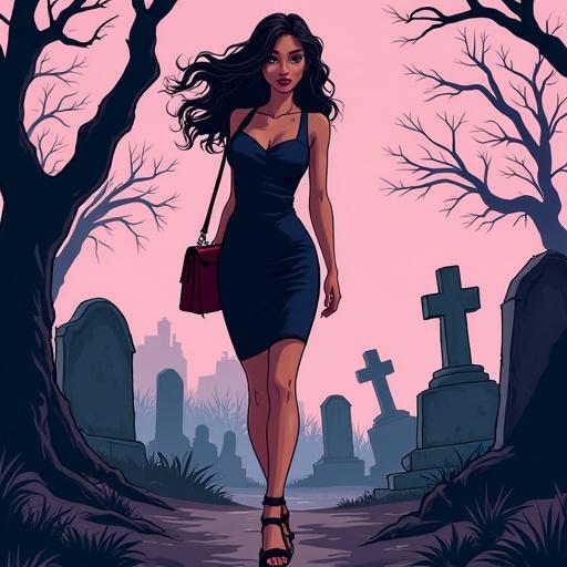 A young woman with dark hair in a form-fitting dress walks through a graveyard. She carries a dark red purse and is positioned slightly to the right. The background features bare trees and tombstones against a pinkish-purple sky.