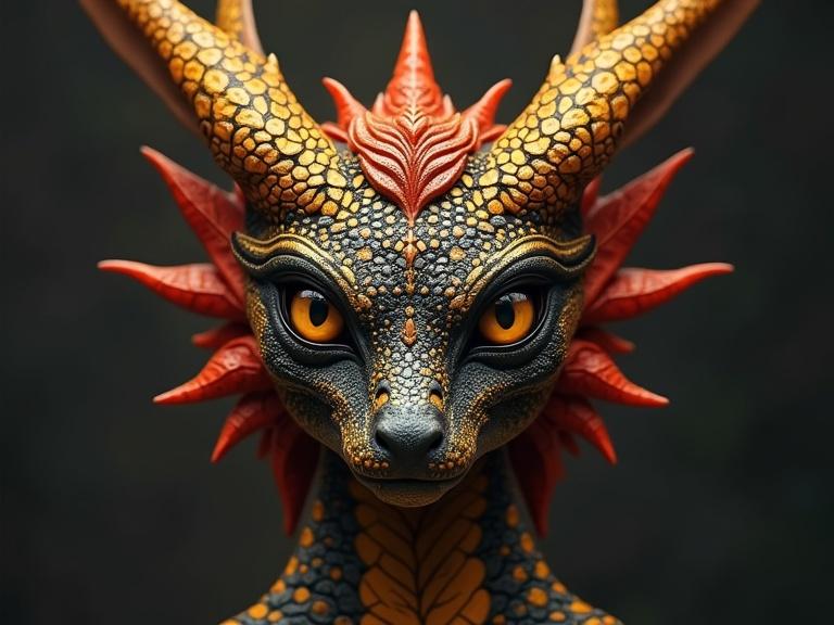 Vector logo style Female Argonian humanoid with big golden eyes and scales of golden red and black. Realistic depiction holding a spire.