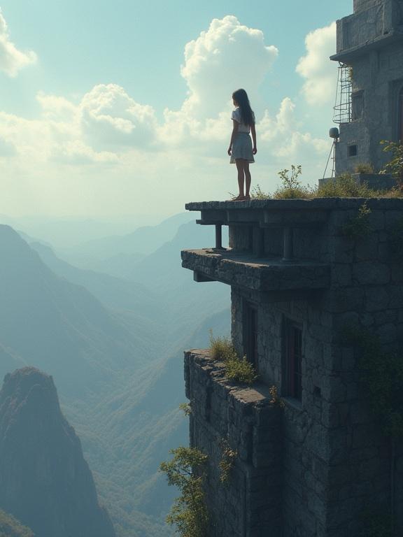 Girl stands atop a tall building. She looks down over the edge. The landscape includes mountains and valleys with a sky filled with clouds. The scene evokes a sense of adventure and freedom.
